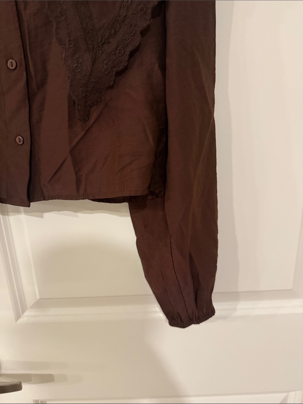 Zara Flowy Brown Lace-Trim Peter Pan Button-Down Blouse size S - Picture 8 of 9